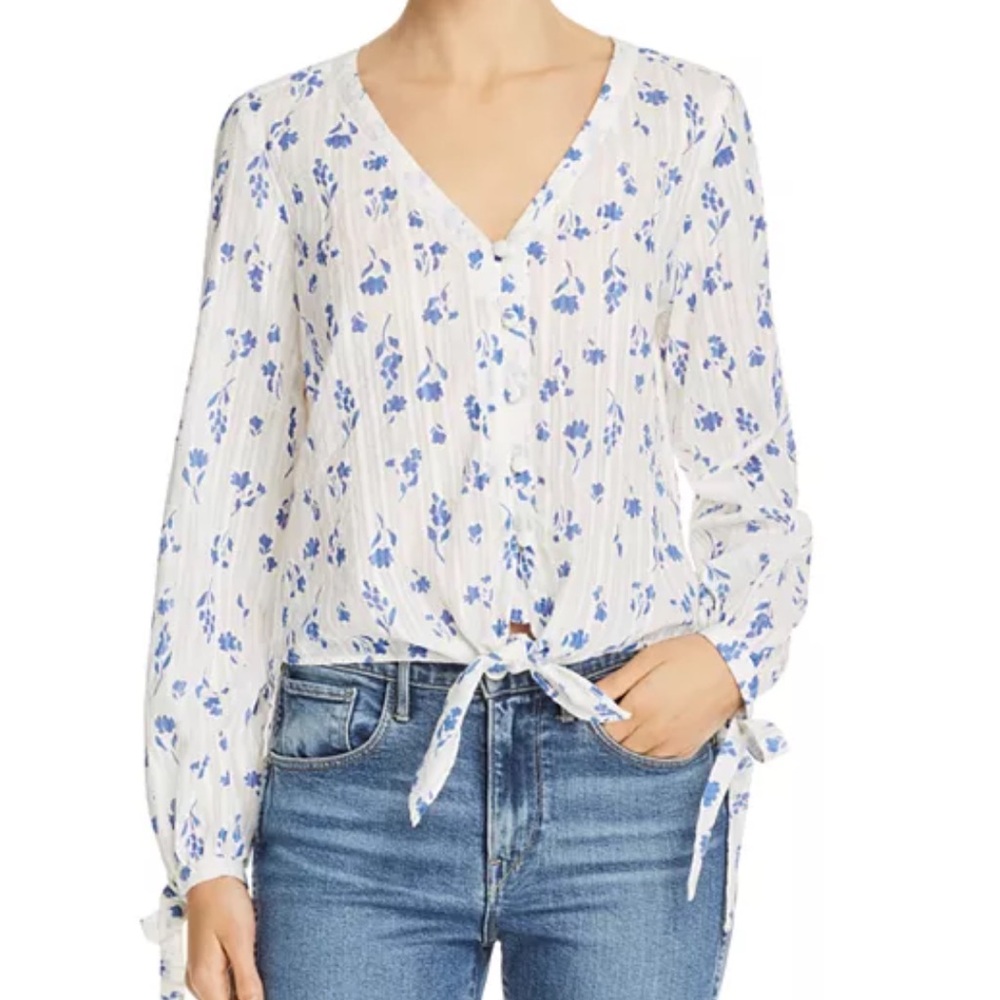 Parker Payton Illusion Stripe White Blue Floral Tie Front Blouse. Size Small